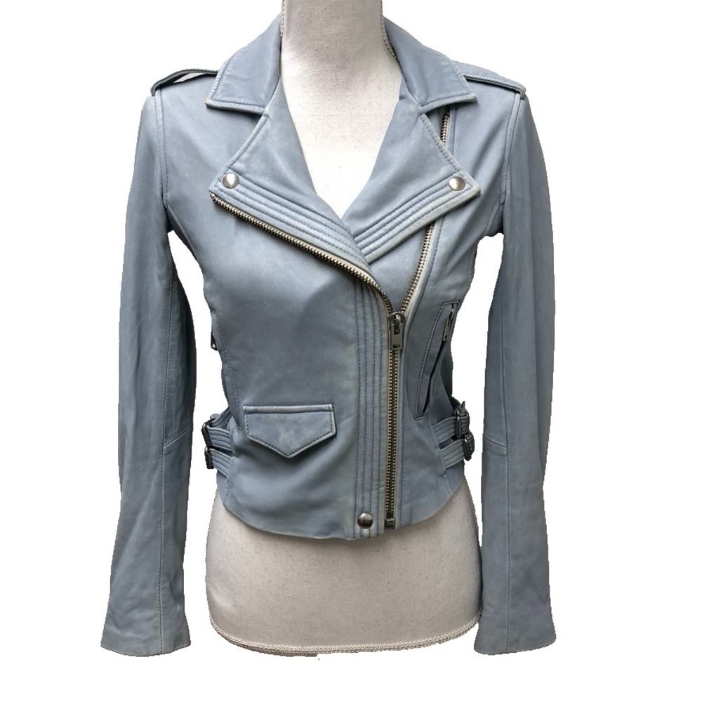 Iro Hanaspe Lambs Leather Moto Biker Jacket Womens 36 Small Blue Gorpcore Edgy